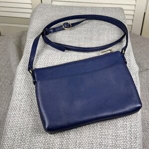 Talbots Blue Leather Crossbody Bag Gold Hardware Multi Pocket Zip Purse Handbag